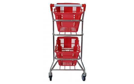 With 60 litre capacity, this 2 tiered shopping basket trolley is the perfect grocery trolley for small size supermarkets & convenience stores. It holds 2 x shopping baskets & is easily manouverable around narrow ailes. On sale now!