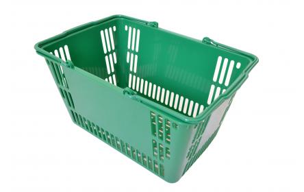Green retail plastic shopping basket with 30 litre capacity & twin carry handles, it's the ideal shopping basket for supermarkets, fruit shops & general retail stores. It comes in a variety of colours & is fully customzable with your company logo.