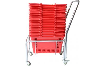 Retail shopping basket stands with wheels & handle holds 30L and 43L shopping baskets. Keep your shopping baskets neatly stacked.  Manufactured with heavy duty chrome plated steel tube, rubber wheels, built in foot brake & sturdy 45mm premium handle.