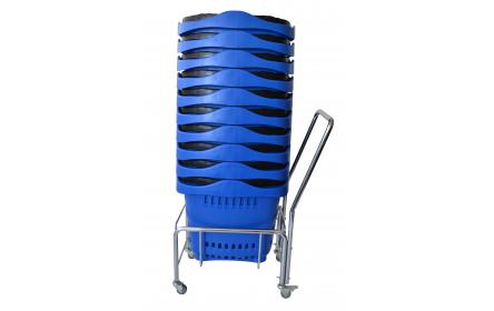 Retail shopping basket stands with wheels & handle holds 30L and 43L shopping baskets. Keep your shopping baskets neatly stacked.  Manufactured with heavy duty chrome plated steel tube, rubber wheels, built in foot brake & sturdy 45mm premium handle.